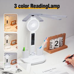 3-in-1 LED Desk Lamp with Fan, Calendar, and Clock – USB Rechargeable