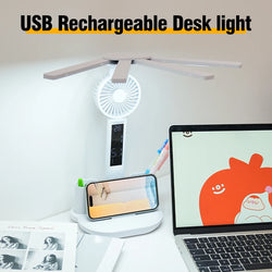 3-in-1 LED Desk Lamp with Fan, Calendar, and Clock – USB Rechargeable