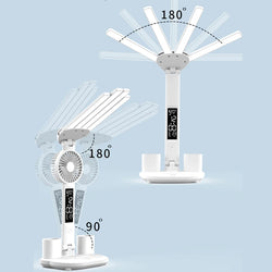 3-in-1 LED Desk Lamp with Fan, Calendar, and Clock – USB Rechargeable