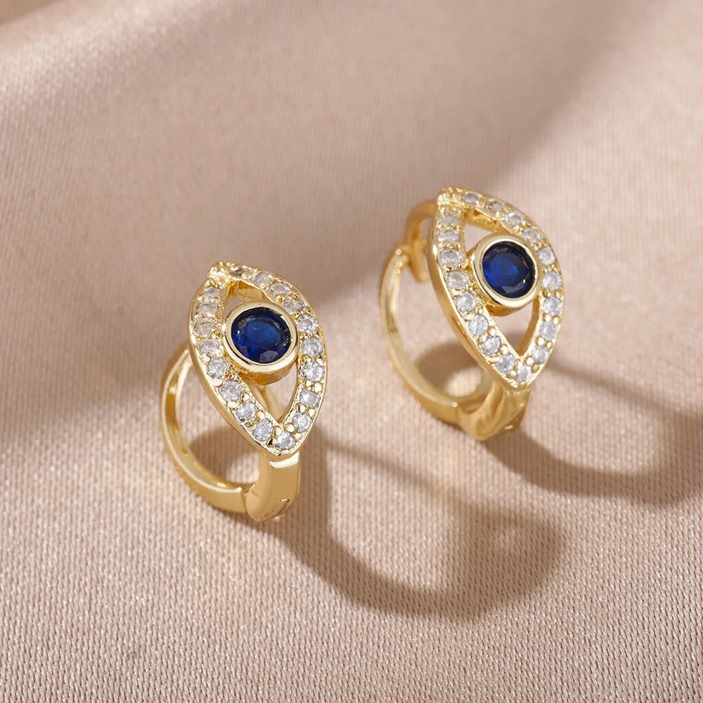 Zircon Hoop Earrings Blue Heart & Evil Eye