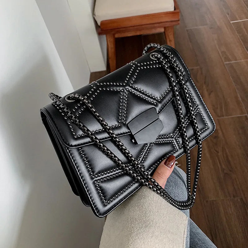 Vintage Rivet Chain Small Shoulder Bag for Women, PU Leather Fashion Flap Crossbody Bag, Designer Handbag