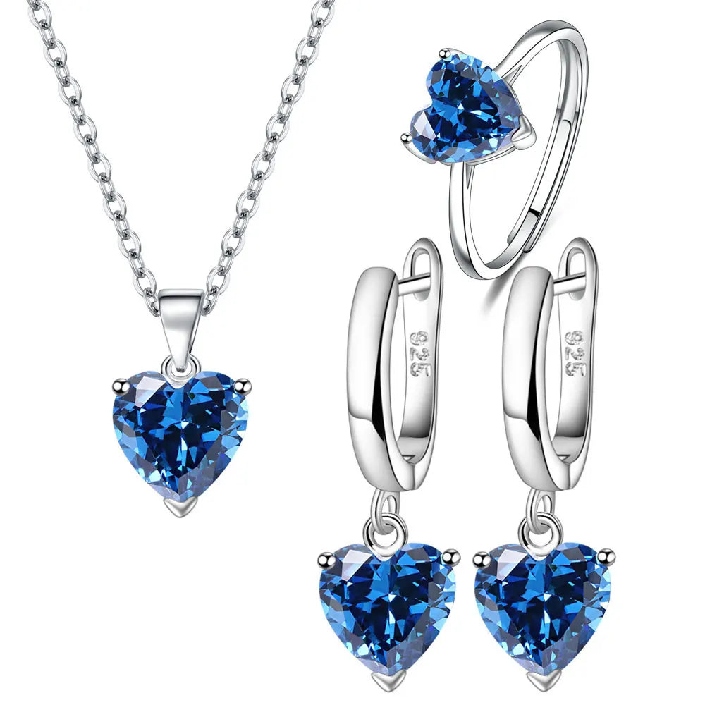 925 Sterling Silver Jewelry Set for Women – Heart Zircon Ring, Earrings, Necklace