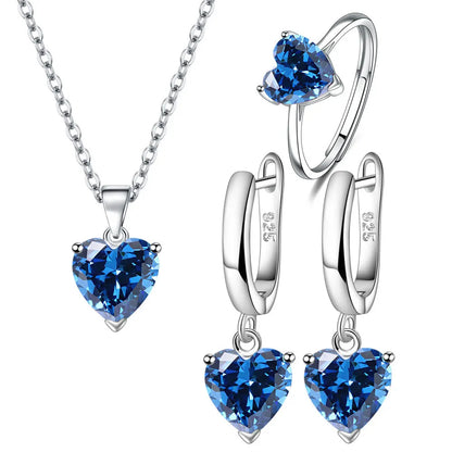 925 Sterling Silver Jewelry Set for Women – Heart Zircon Ring, Earrings, Necklace