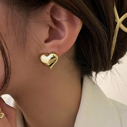 Gold Color Smooth Surface Love Heart Shaped Stud Earrings for Women