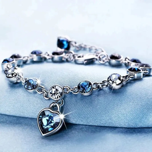 Silver Heart Bracelet with Blue Crystal Charm – Elegant Jewelry for Women