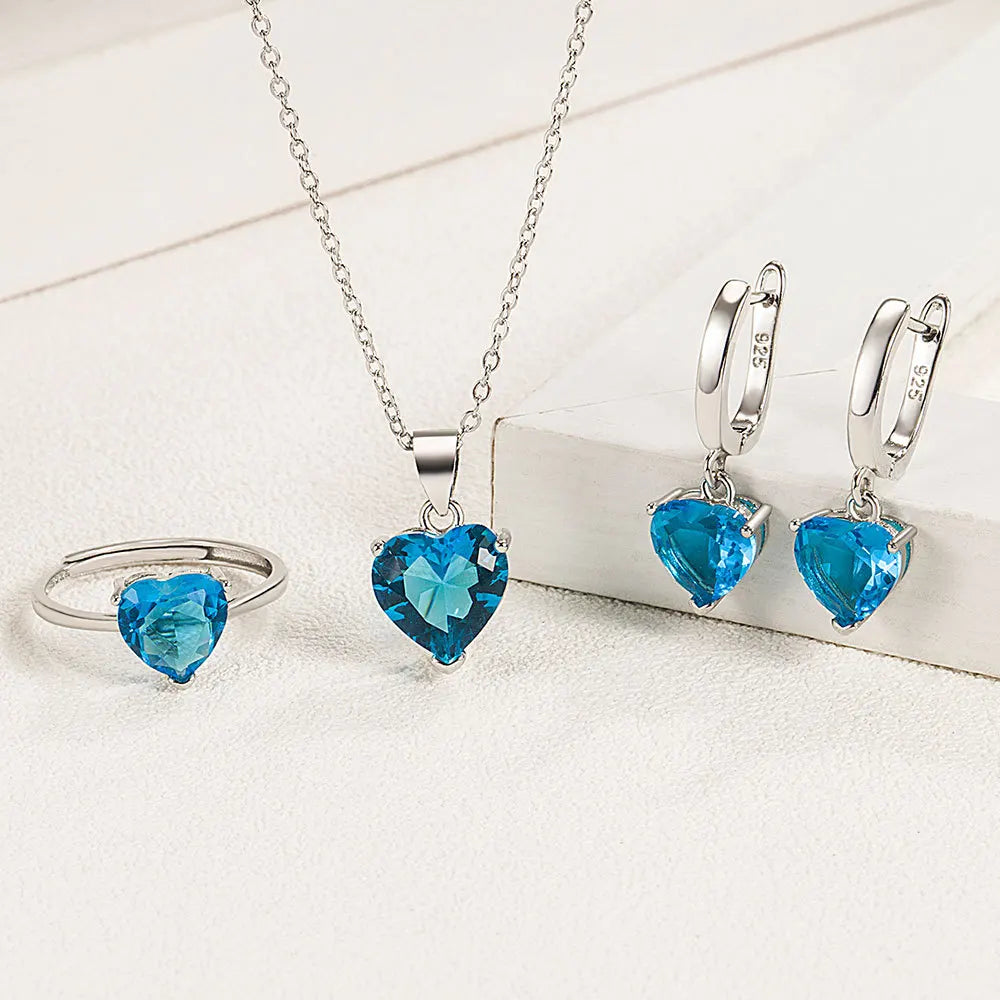 925 Sterling Silver Jewelry Set for Women – Heart Zircon Ring, Earrings, Necklace