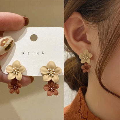 Simple Coffee Flower Drop Dangle Earrings for Women