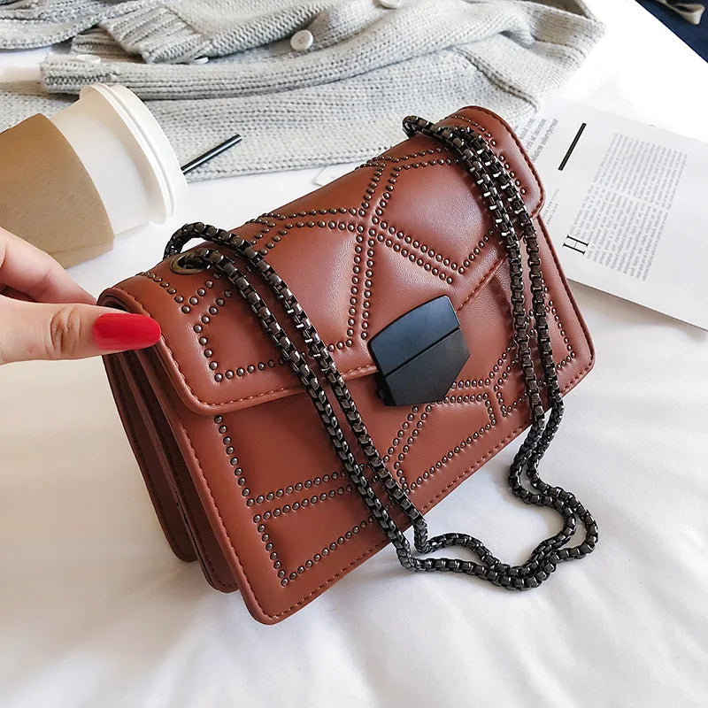 Vintage Rivet Chain Small Shoulder Bag for Women, PU Leather Fashion Flap Crossbody Bag, Designer Handbag