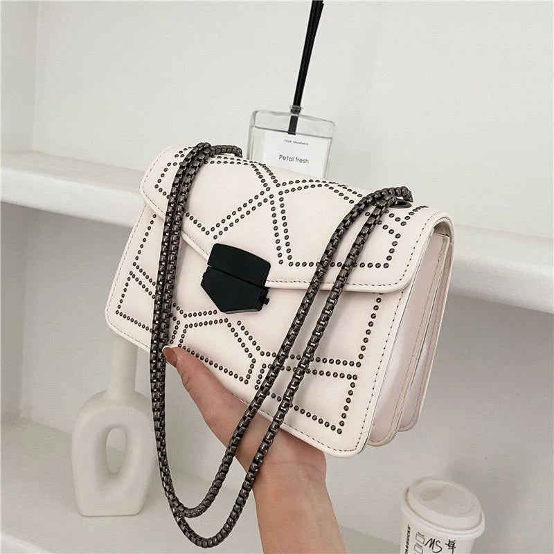 Vintage Rivet Chain Small Shoulder Bag for Women, PU Leather Fashion Flap Crossbody Bag, Designer Handbag