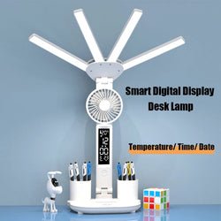 3-in-1 LED Desk Lamp with Fan, Calendar, and Clock – USB Rechargeable