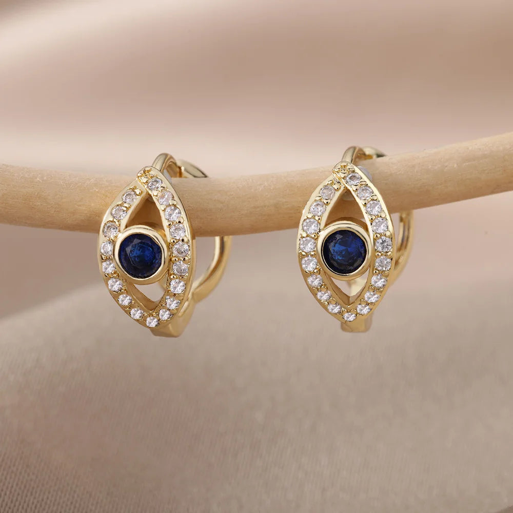 Zircon Hoop Earrings Blue Heart & Evil Eye