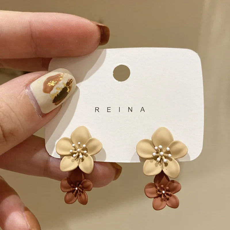 Simple Coffee Flower Drop Dangle Earrings for Women