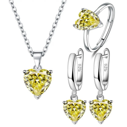 925 Sterling Silver Jewelry Set for Women – Heart Zircon Ring, Earrings, Necklace