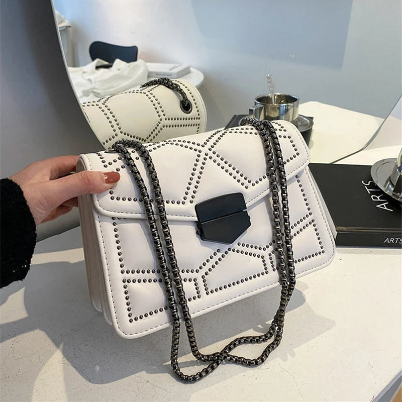 Vintage Rivet Chain Small Shoulder Bag for Women, PU Leather Fashion Flap Crossbody Bag, Designer Handbag