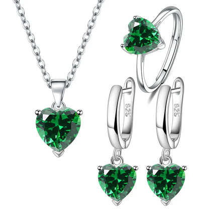 925 Sterling Silver Jewelry Set for Women – Heart Zircon Ring, Earrings, Necklace