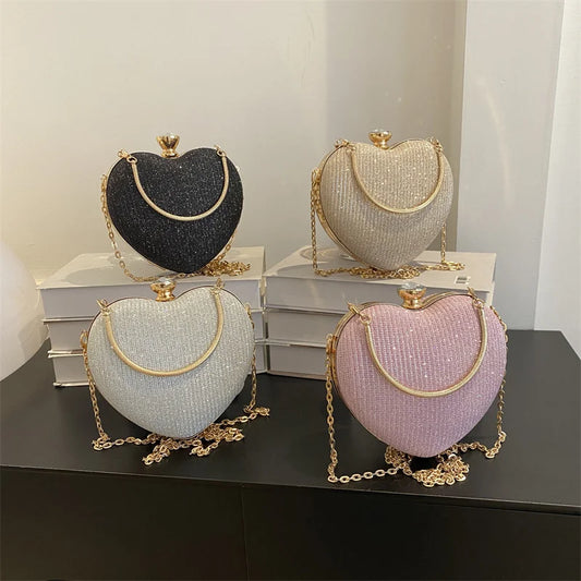 Evening Clutch Bag – Women’s Shiny Heart Shape Metal Clutch, Fashion Chain Shoulder Crossbody Bag