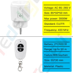 RF 220V 16A Wireless Remote Control Socket – 3000W EU FR Standard