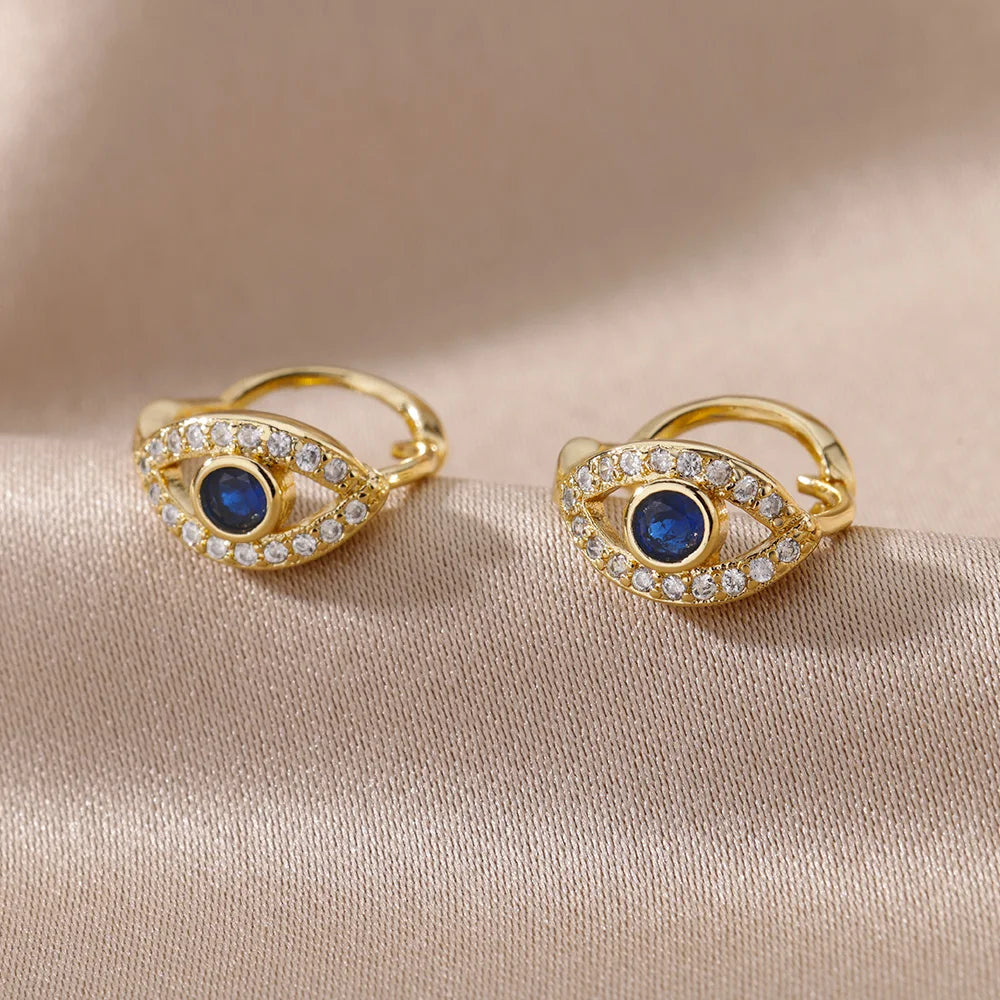 Zircon Hoop Earrings Blue Heart & Evil Eye