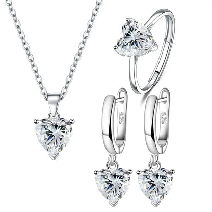 925 Sterling Silver Jewelry Set for Women – Heart Zircon Ring, Earrings, Necklace